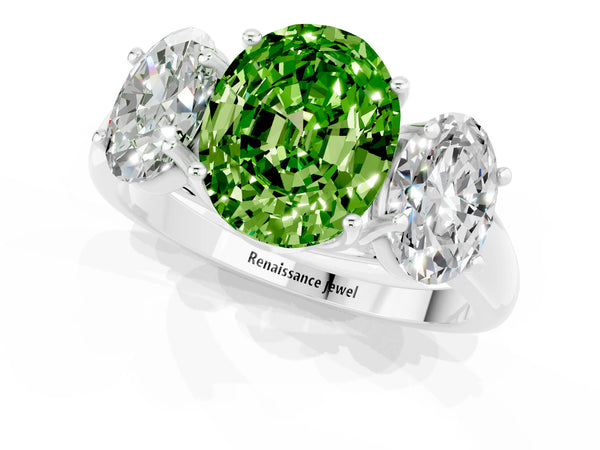 Silver Three-Stone Oval Cut Peridot Engagement Ring with Prong Setting