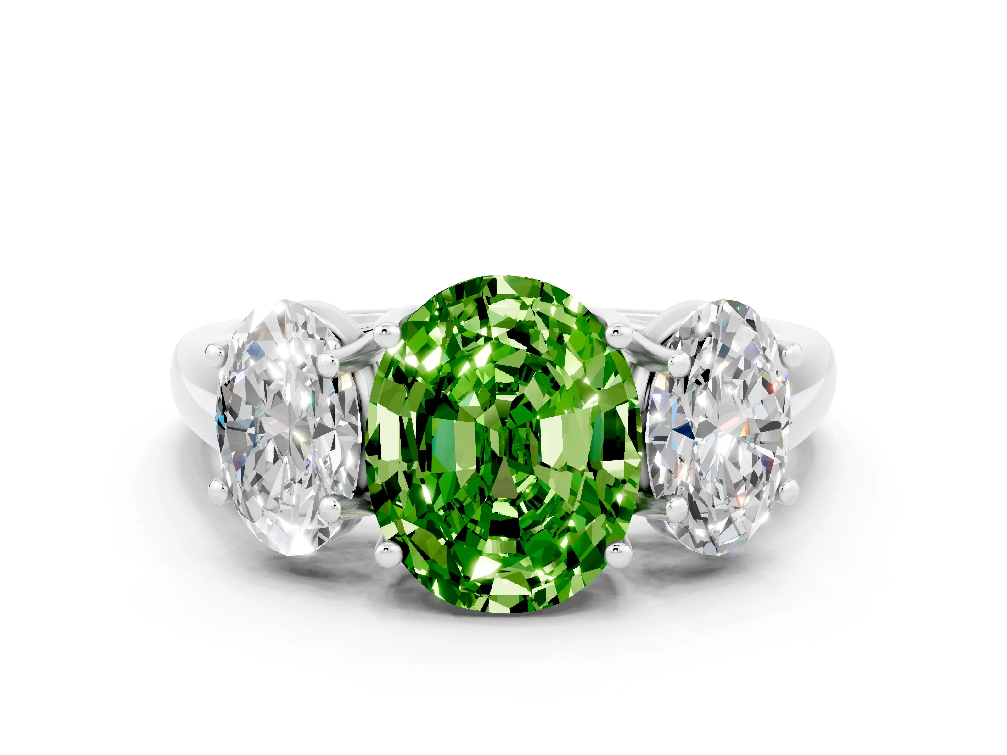 White gold Three-Stone Oval Cut Peridot Engagement Ring with Prong Setting