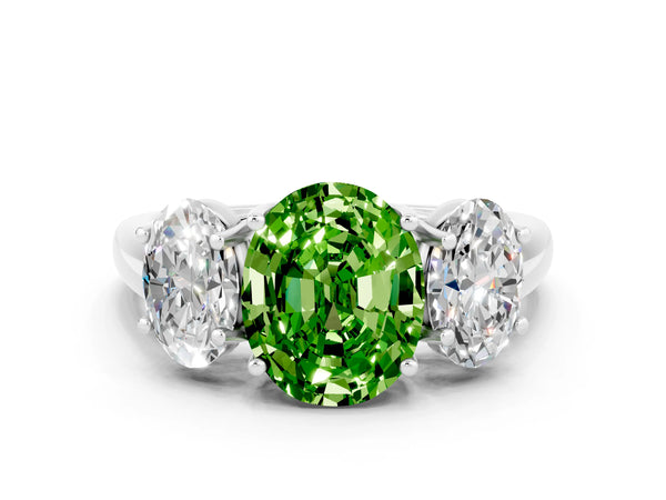 Silver Three-Stone Oval Cut Peridot Engagement Ring with Prong Setting