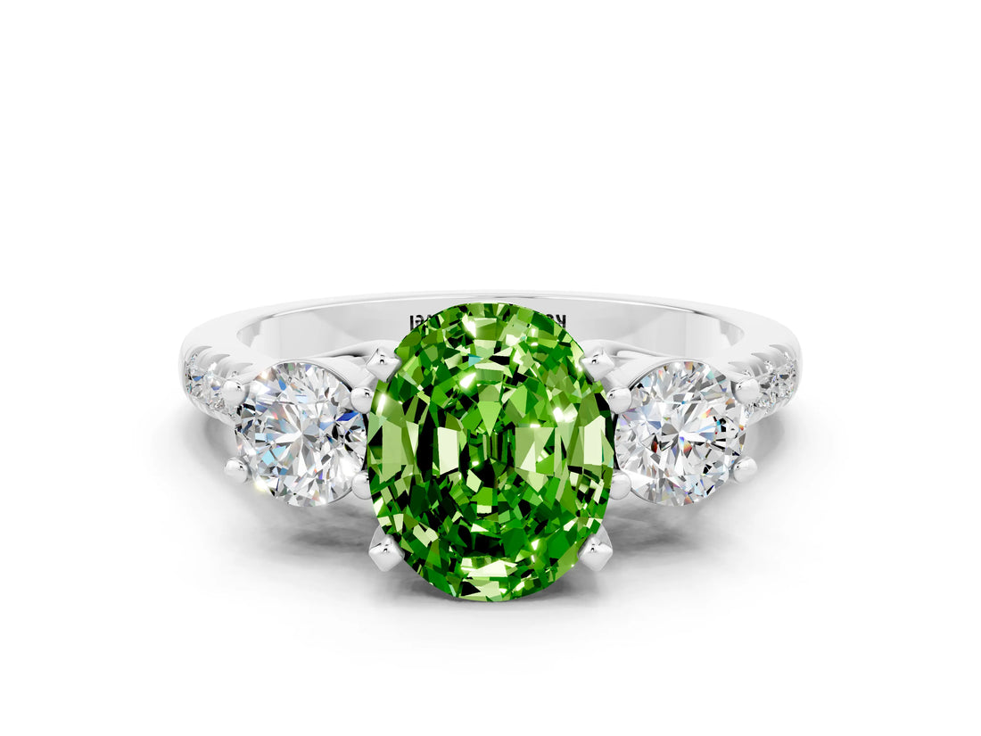 White gold Three-Stone Oval Cut Peridot Pavé Band with Four-Prong Setting