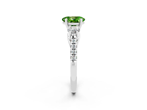White gold Three-Stone Oval Cut Peridot Pavé Band with Four-Prong Setting