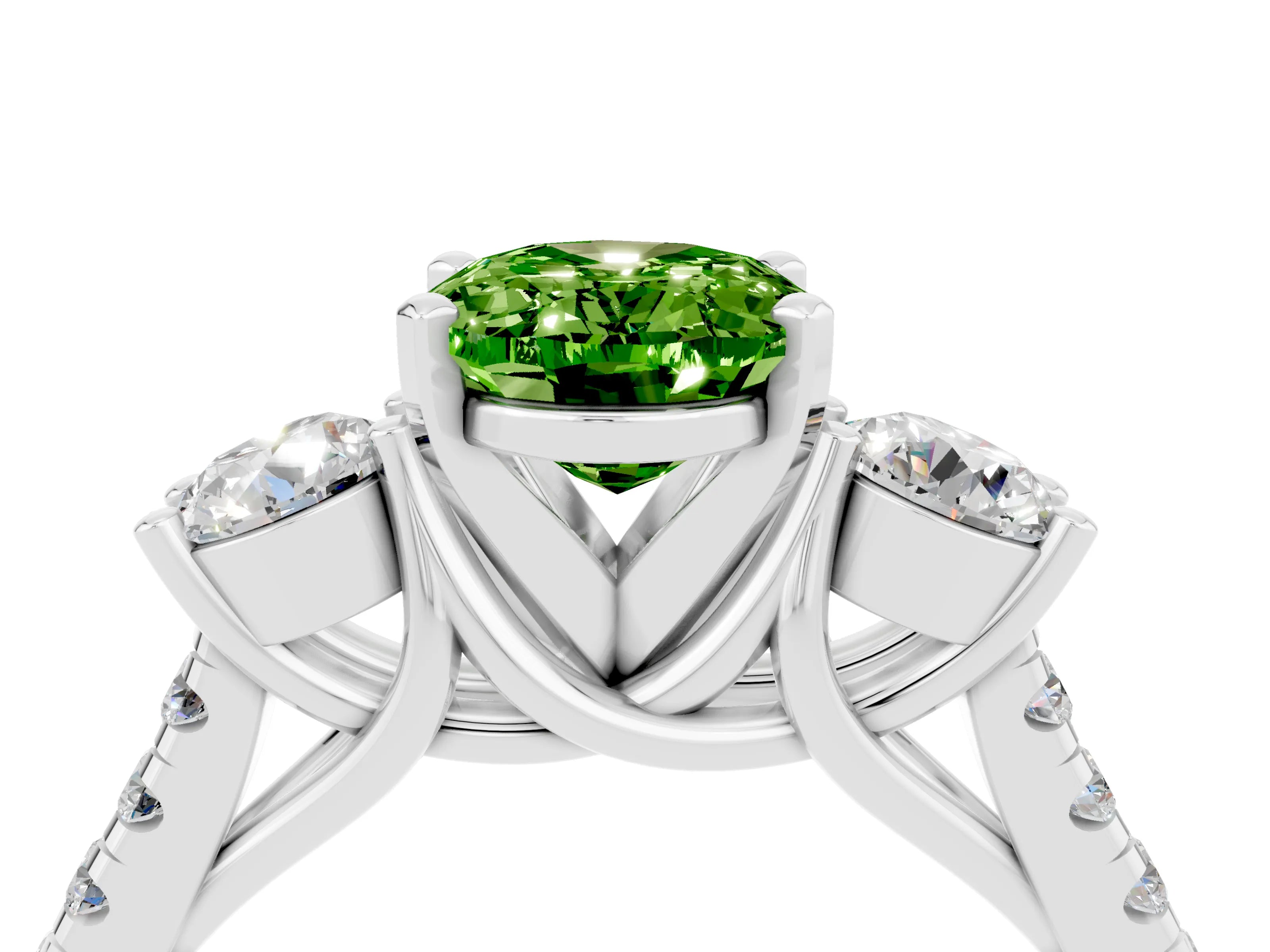 White gold Three-Stone Oval Cut Peridot Pavé Band with Four-Prong Setting_4