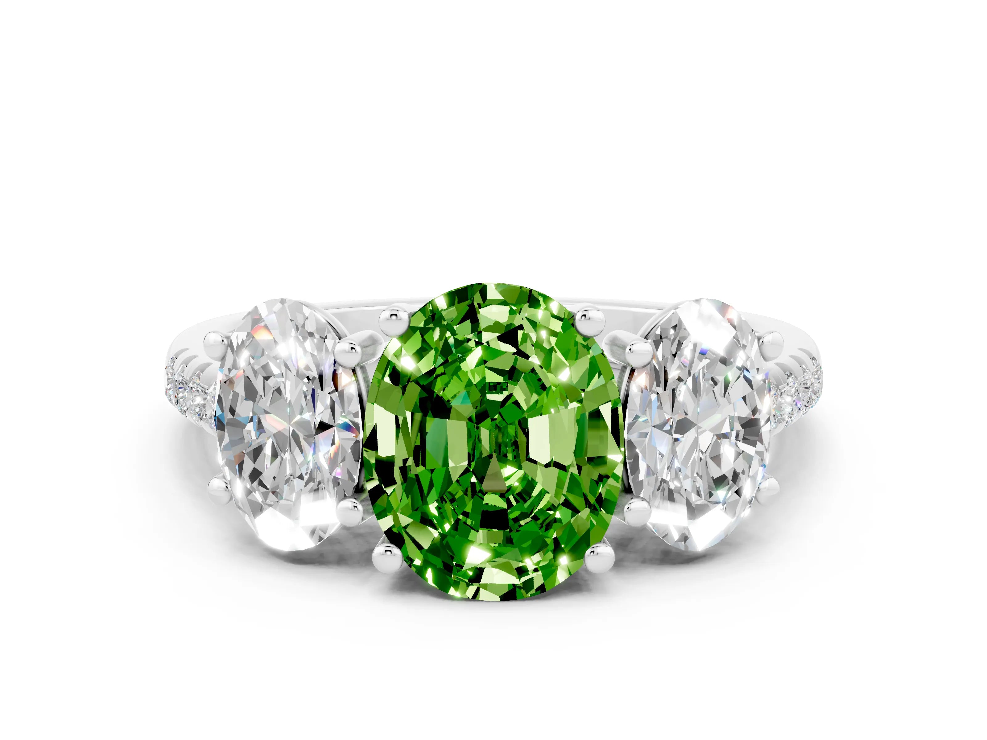 White gold Three-Stone Oval Cut Peridot Ring with Pavé Band and Prong Setting_12