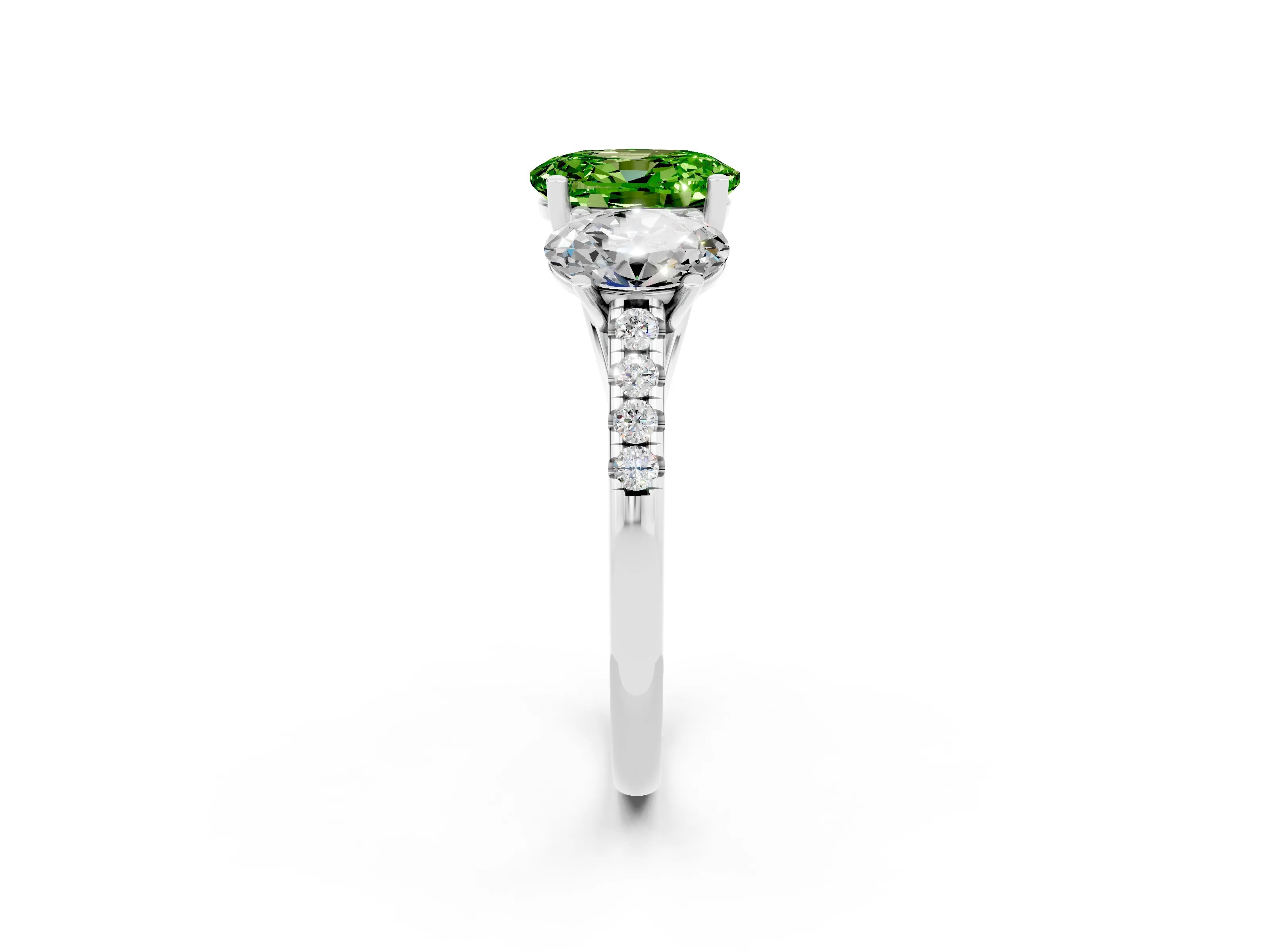 White gold Three-Stone Oval Cut Peridot Ring with Pavé Band and Prong Setting_14