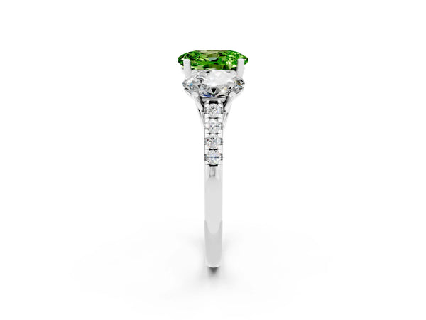 White gold Three-Stone Oval Cut Peridot Ring with Round  Pavé Band and Prong Setting