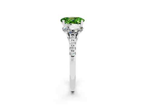 White gold Three-Stone Oval Cut Peridot Ring with Pavé Band and Prong Setting_14
