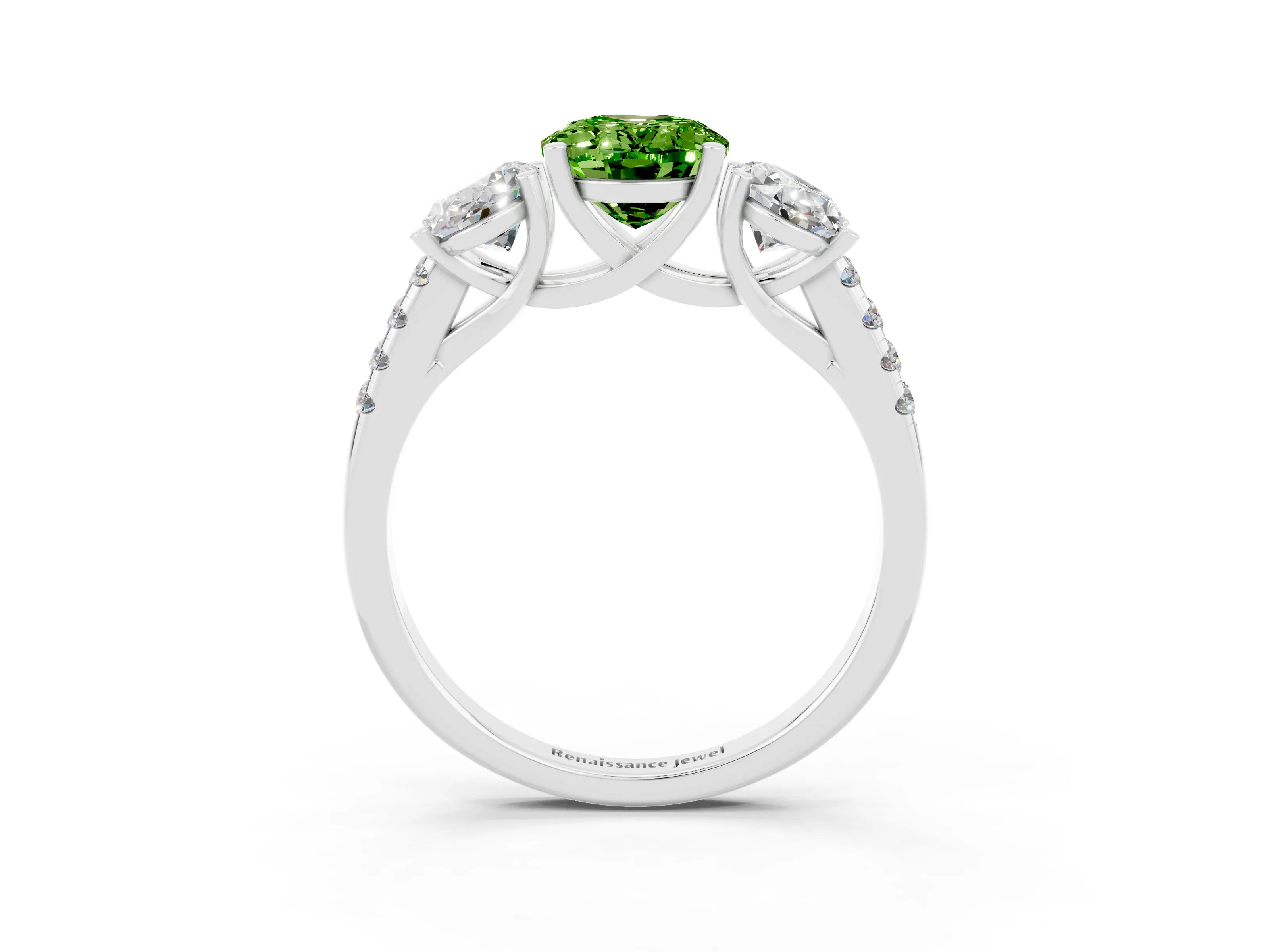 White gold Three-Stone Oval Cut Peridot Ring with Pavé Band and Prong Setting_15