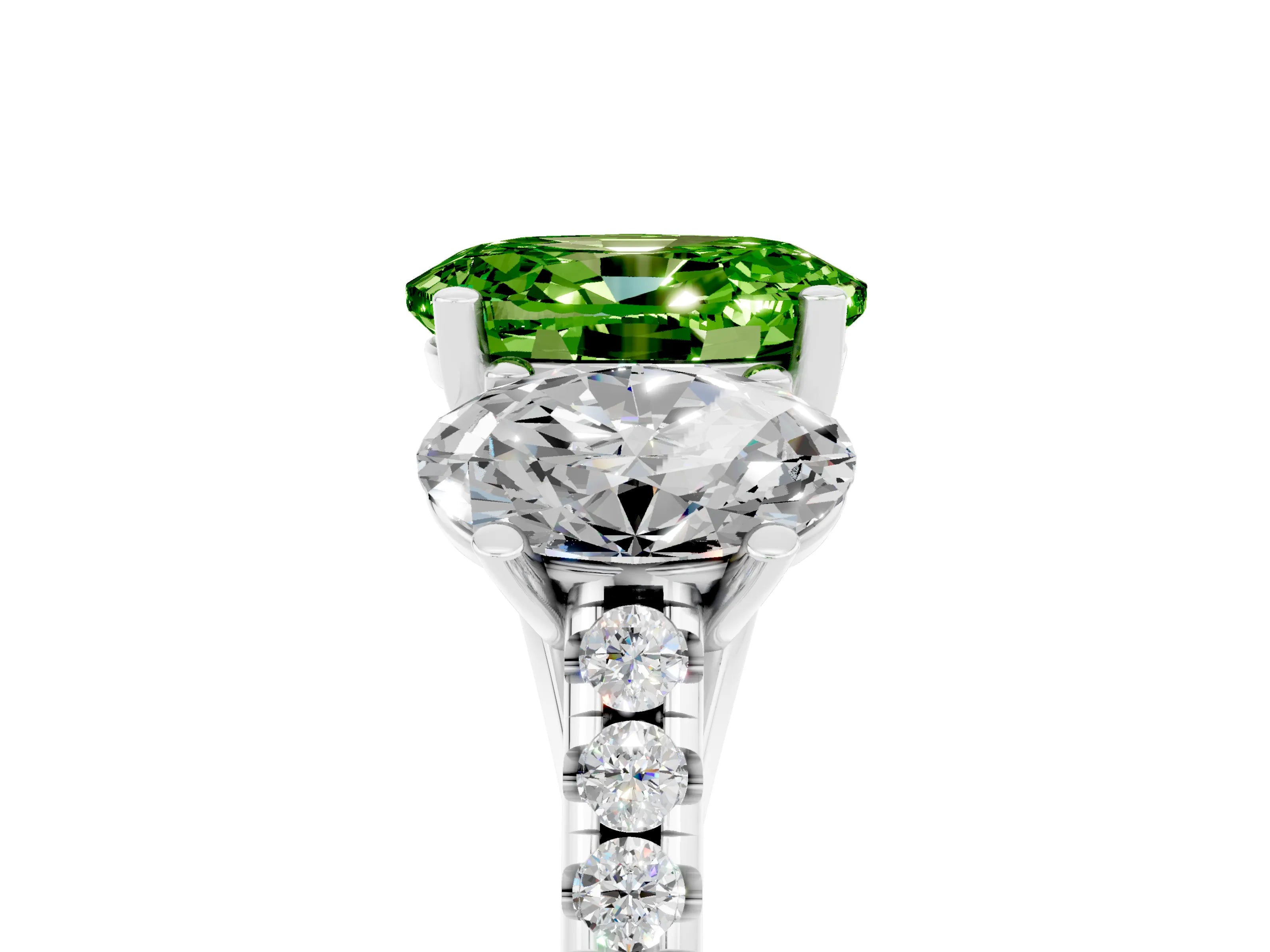 White gold Three-Stone Oval Cut Peridot Ring with Pavé Band and Prong Setting_17
