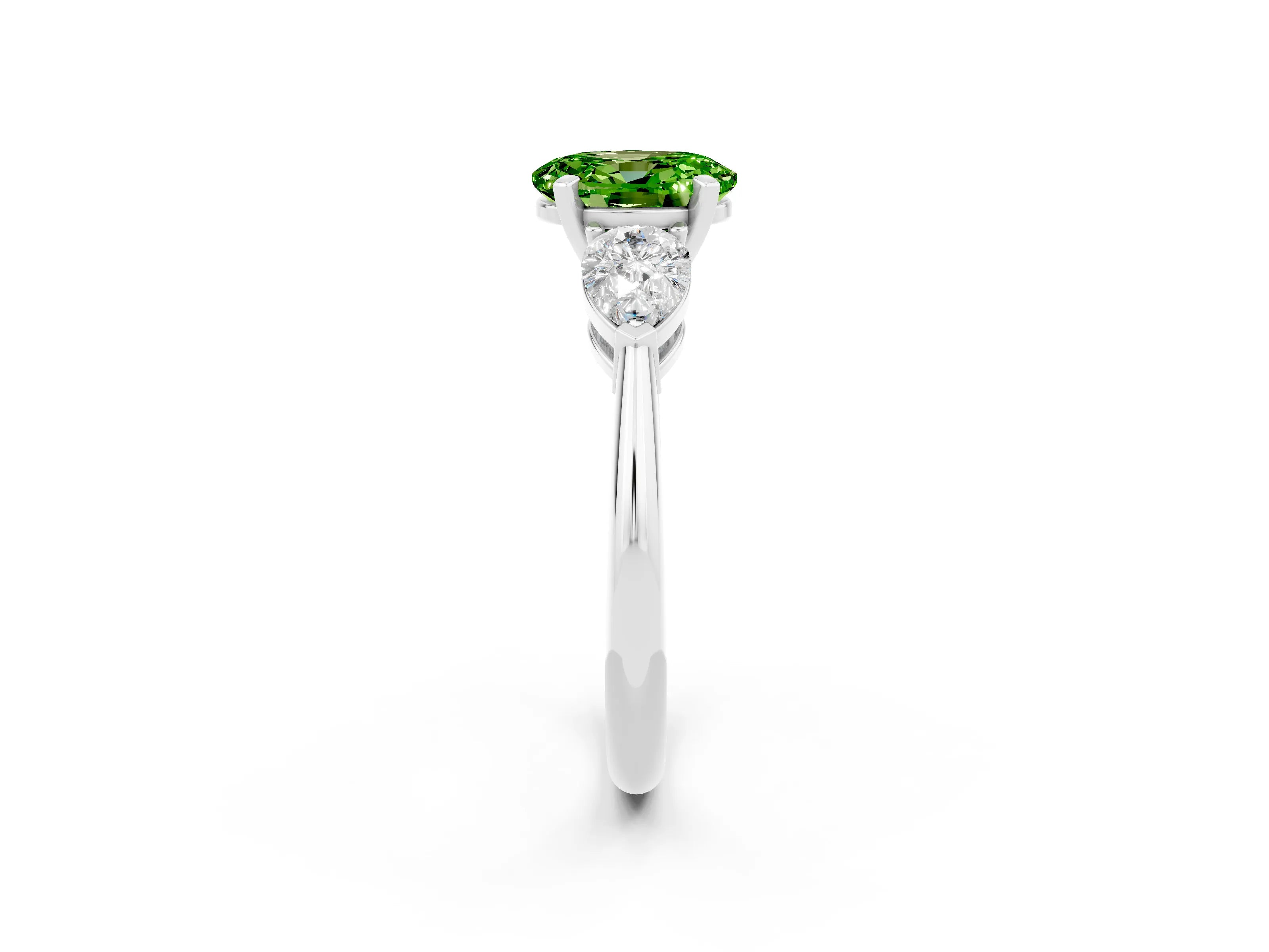 White gold Three-Stone Oval Cut Peridot Ring with Pear Side Stones and Four-Prong Setting_2