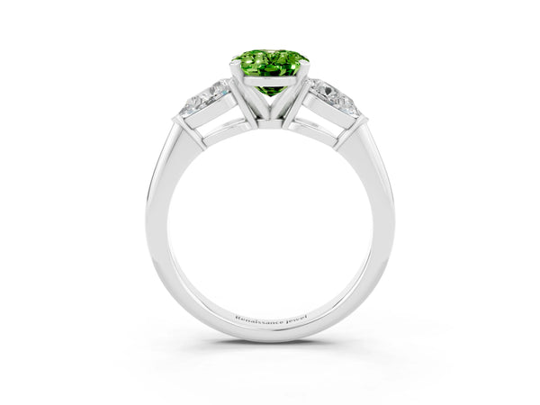 Platinum Three-Stone Oval Cut Peridot Ring with Pear Side Stones and Four-Prong Setting
