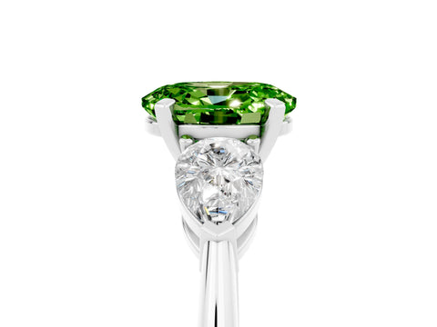 White gold Three-Stone Oval Cut Peridot Ring with Pear Side Stones and Four-Prong Setting_5
