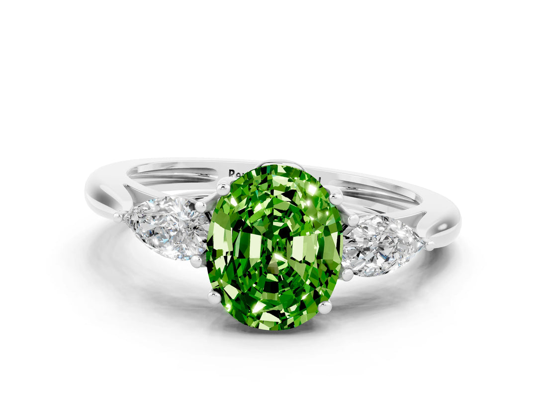 White gold Three-Stone Oval Cut Peridot Ring with Pear  Side Stones in Four-Prong Setting_12