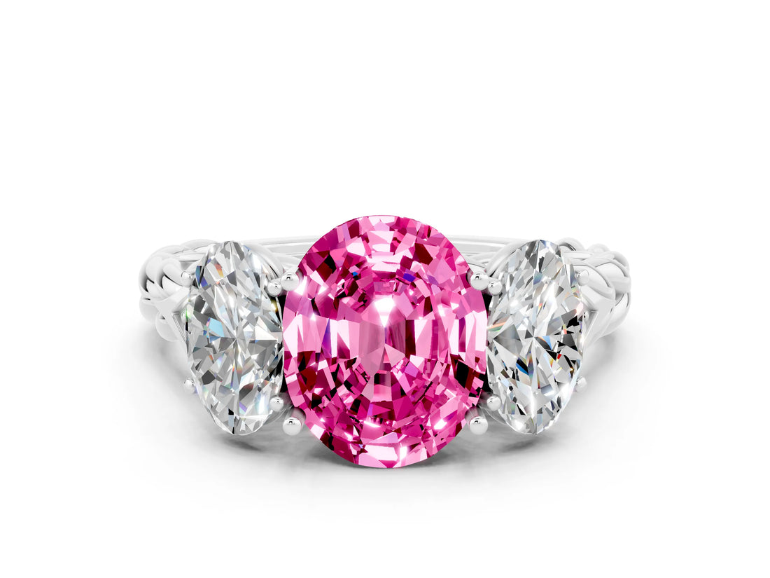 White gold Three-Stone Oval Cut Pink Sapphire Braided Band Ring with Four-Prong Setting_36