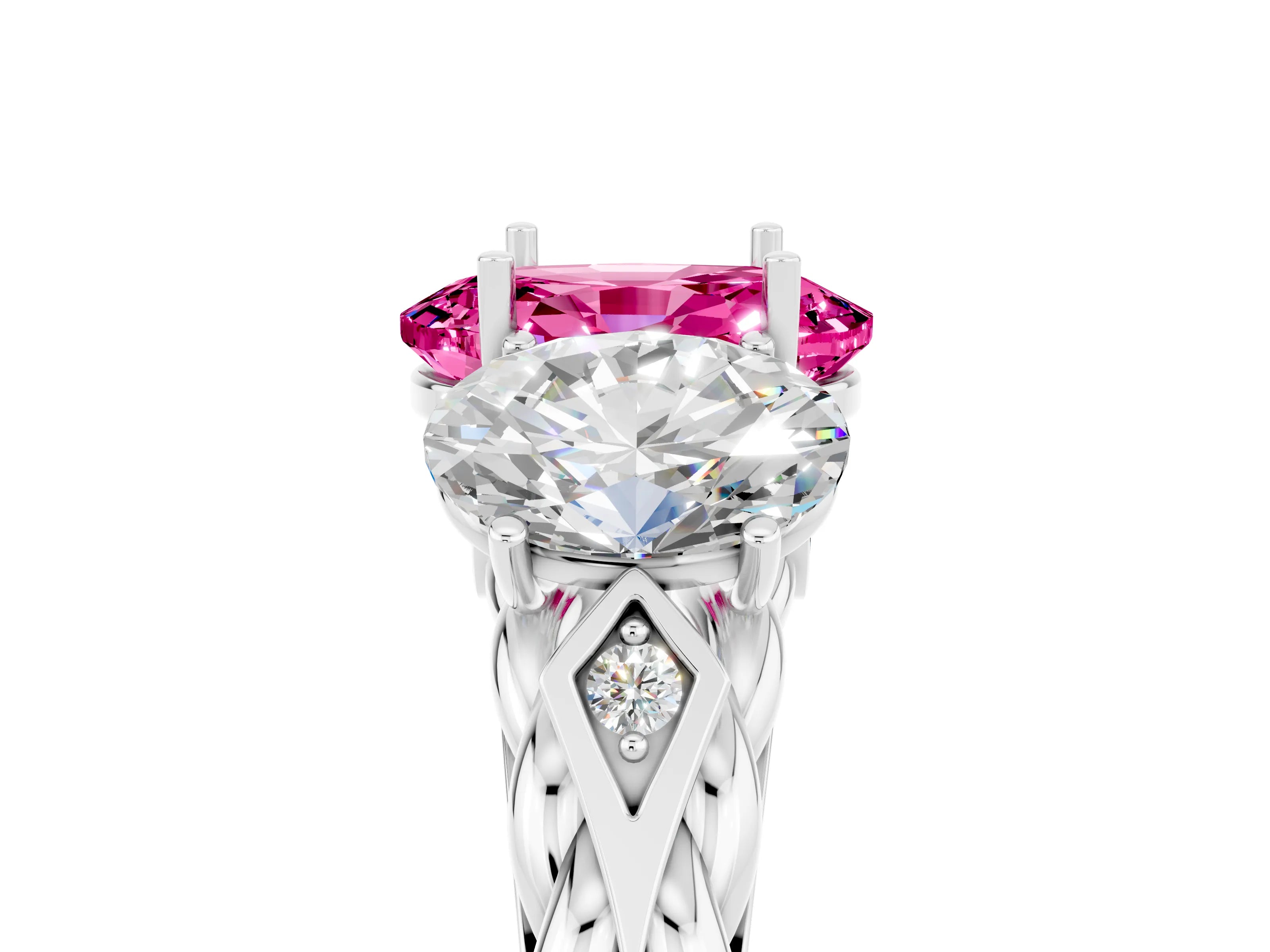 White gold Three-Stone Oval Cut Pink Sapphire Braided Band Ring with Four-Prong Setting_41