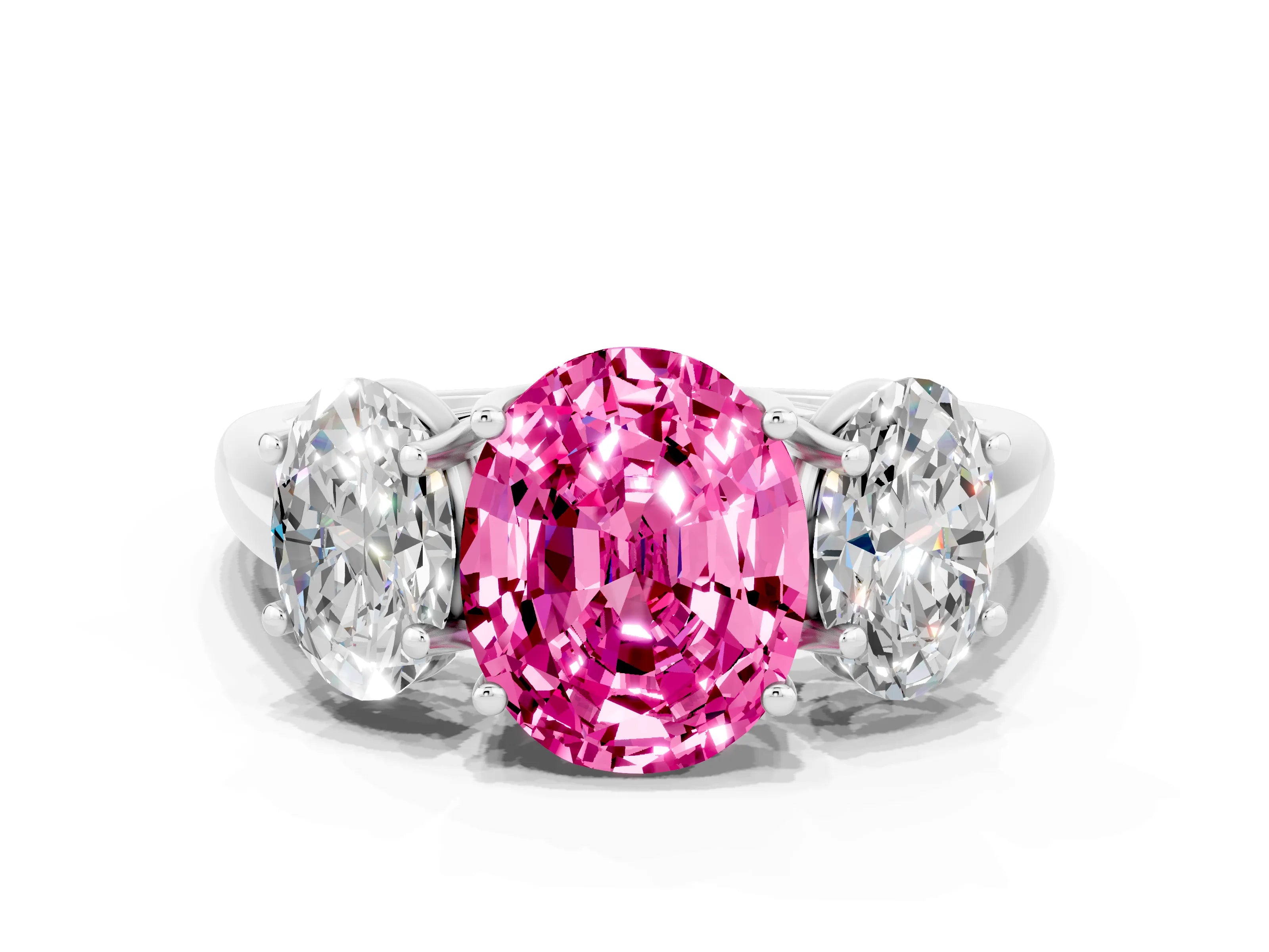 White gold Three-Stone Oval Cut Pink Sapphire Engagement Ring with Prong Setting