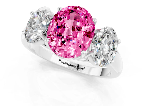 Silver Three-Stone Oval Cut Pink Sapphire Engagement Ring with Prong Setting