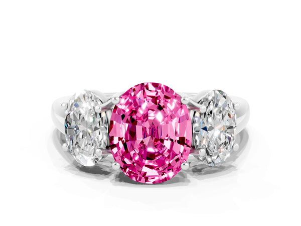 Silver Three-Stone Oval Cut Pink Sapphire Engagement Ring with Prong Setting