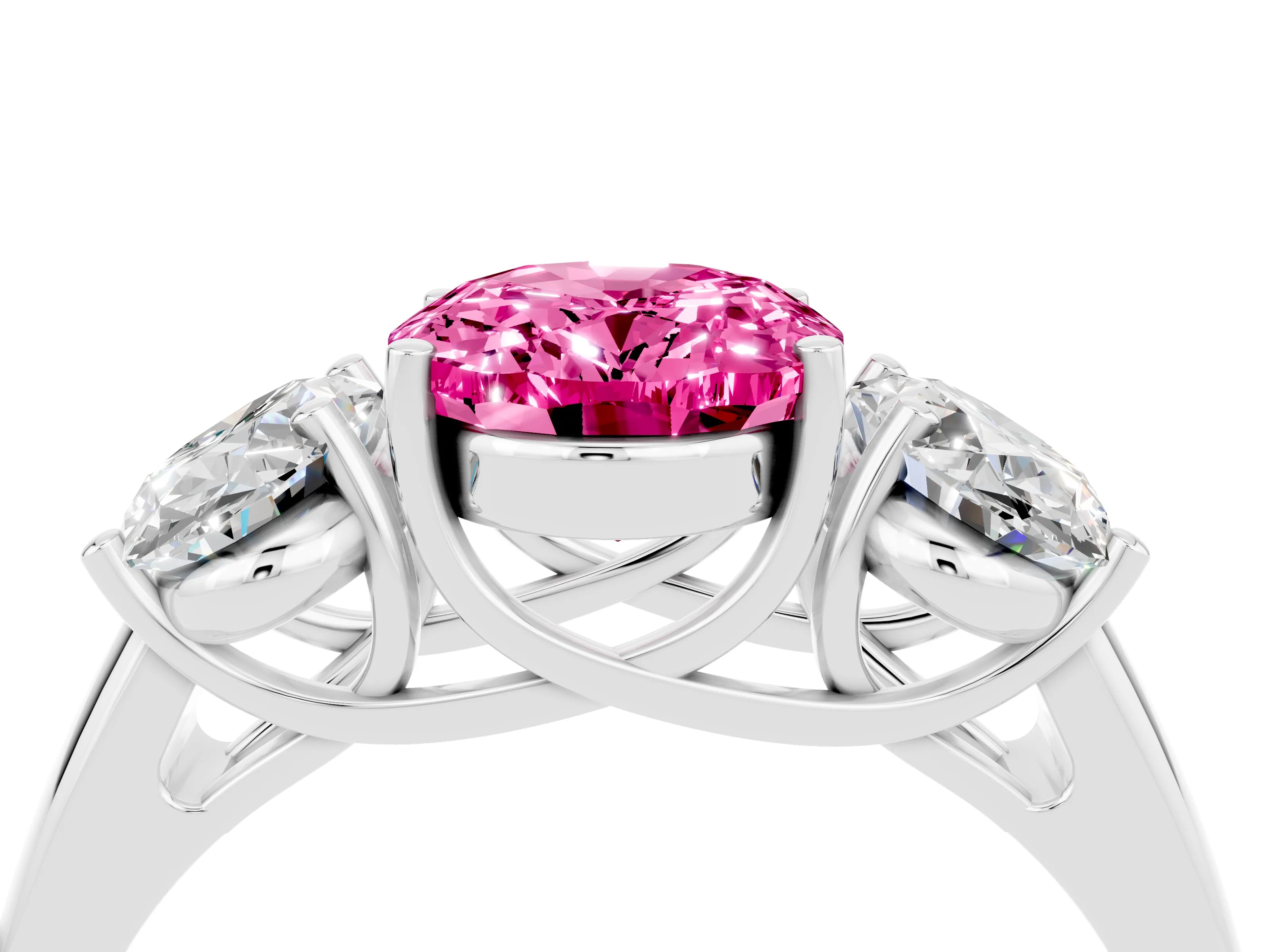 White gold Three-Stone Oval Cut Pink Sapphire Engagement Ring with Prong Setting_4