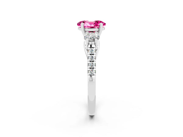 White gold Three-Stone Oval Cut Pink Sapphire Pavé Band with Four-Prong Setting