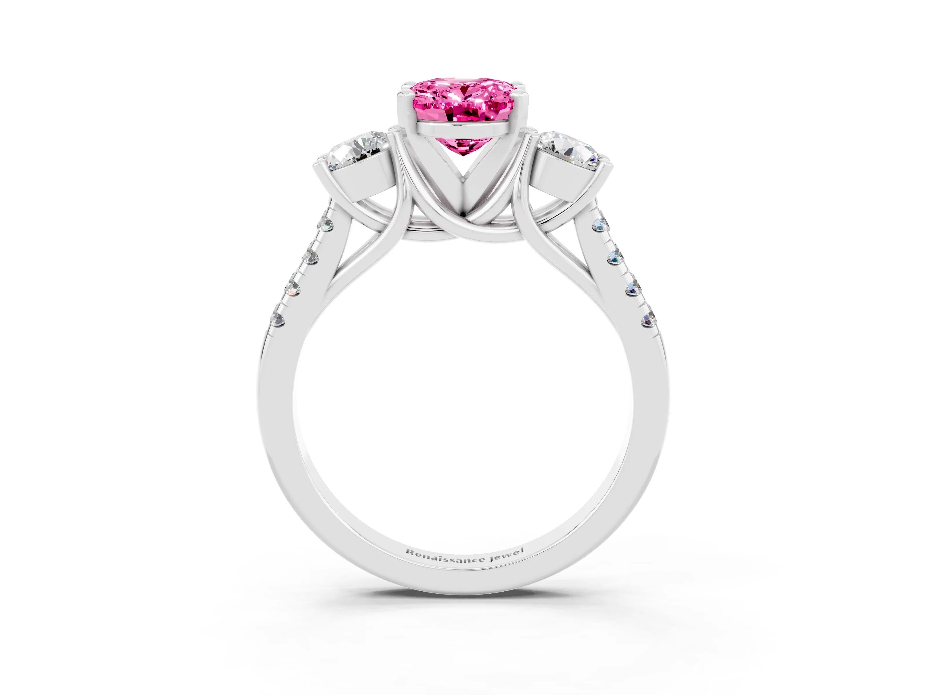 White gold Three-Stone Oval Cut Pink Sapphire Pavé Band with Four-Prong Setting_45