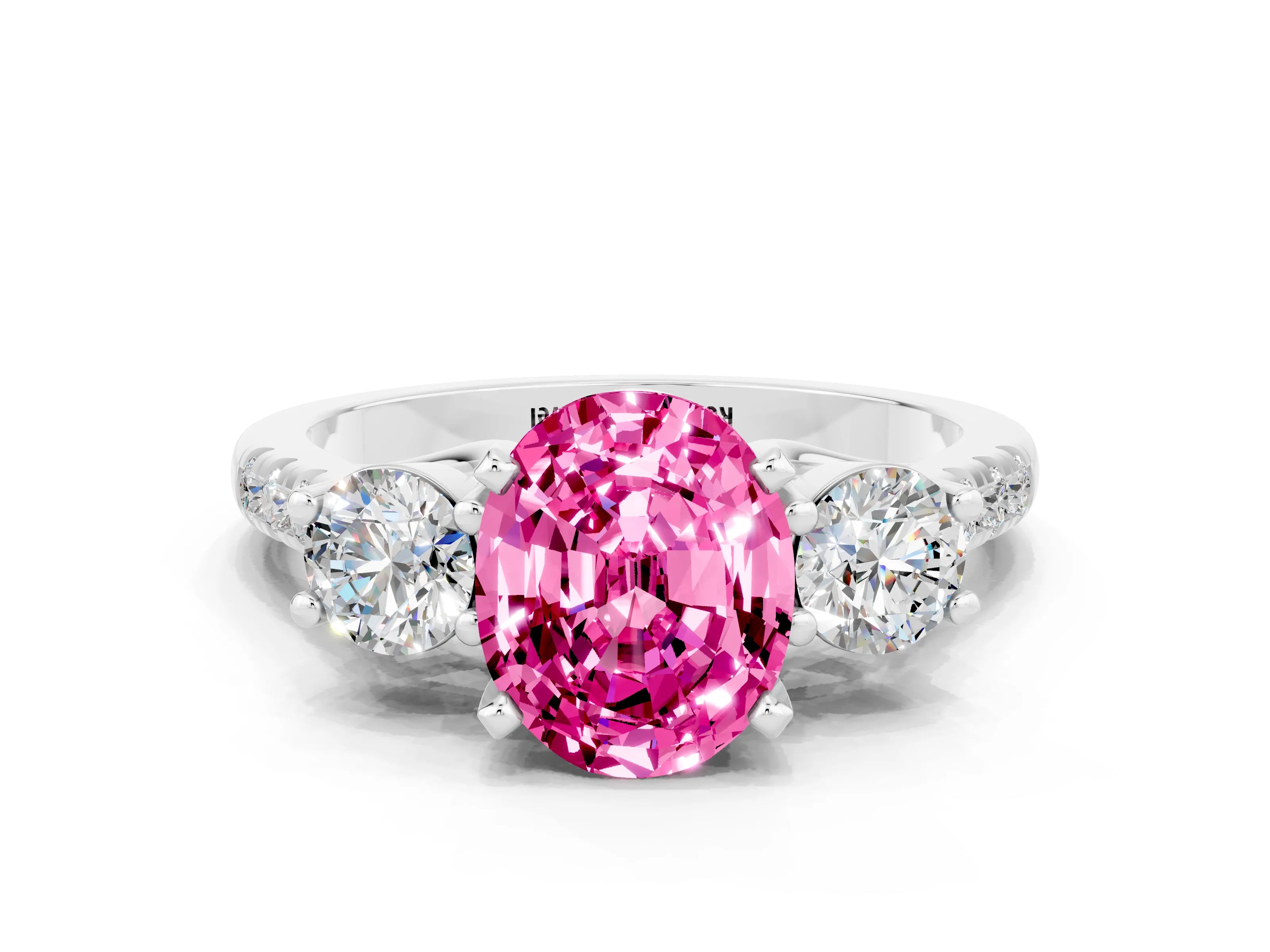 White gold Three-Stone Oval Cut Pink Sapphire Pavé Band with Four-Prong Setting_48
