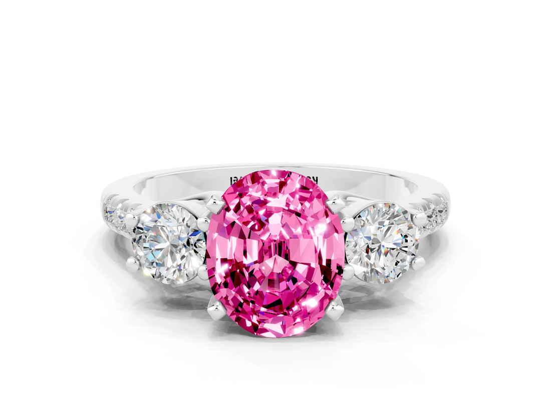 White gold Three-Stone Oval Cut Pink Sapphire Pavé Band with Four-Prong Setting_48