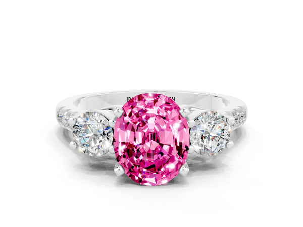 Platinum Three-Stone Oval Cut Pink Sapphire Pavé Band with Four-Prong Setting