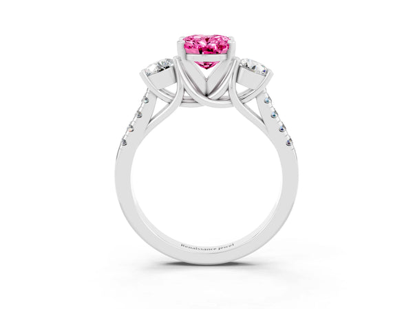 Platinum Three-Stone Oval Cut Pink Sapphire Pavé Band with Four-Prong Setting