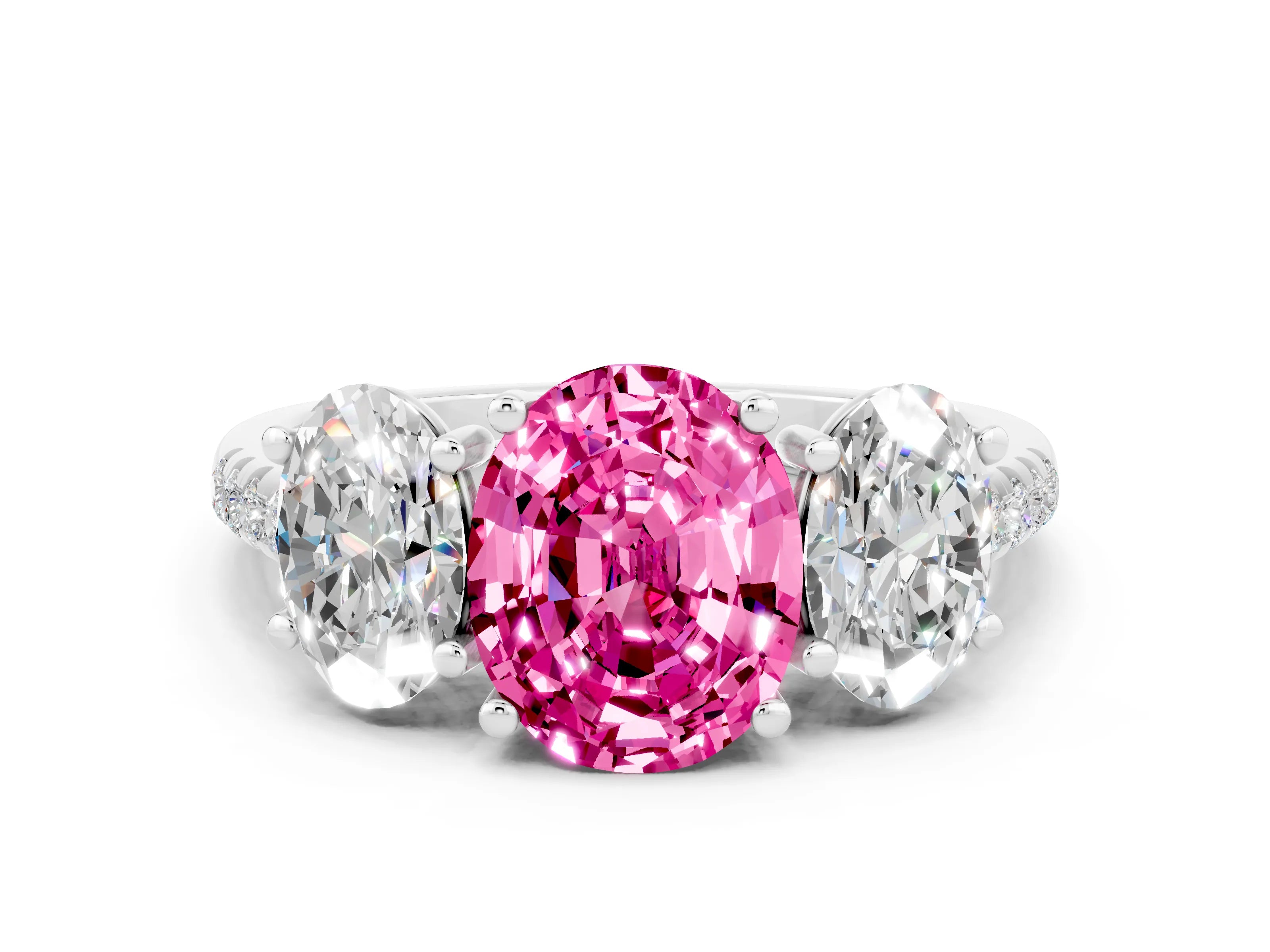 White gold Three-Stone Oval Cut Pink Sapphire Ring with Pavé Band and Prong Setting_36