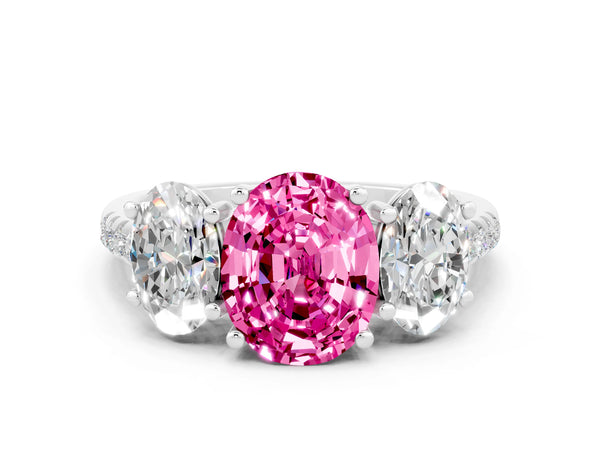 White gold Three-Stone Oval Cut Pink Sapphire Ring with Round  Pavé Band and Prong Setting