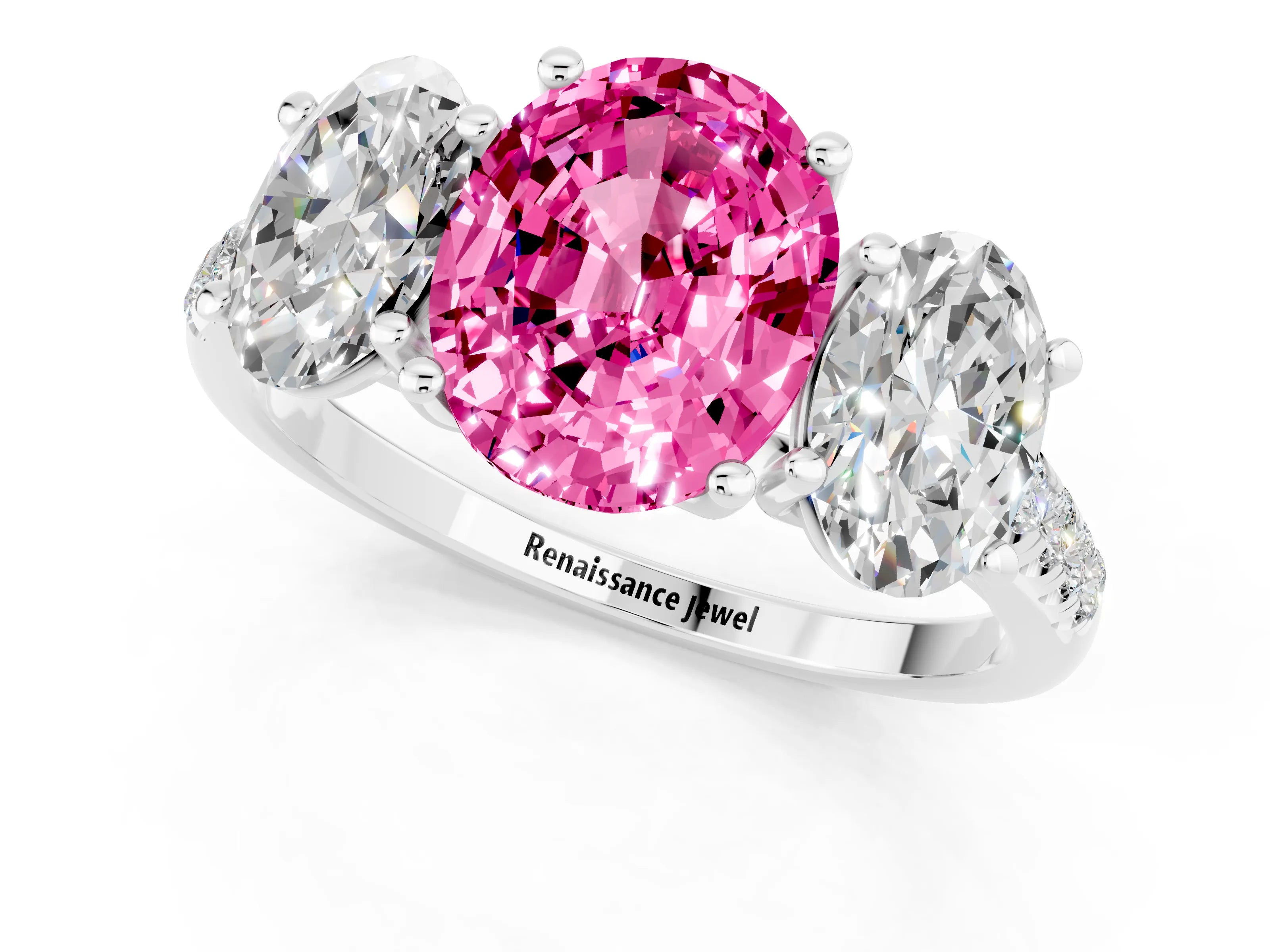 White gold Three-Stone Oval Cut Pink Sapphire Ring with Pavé Band and Prong Setting_37