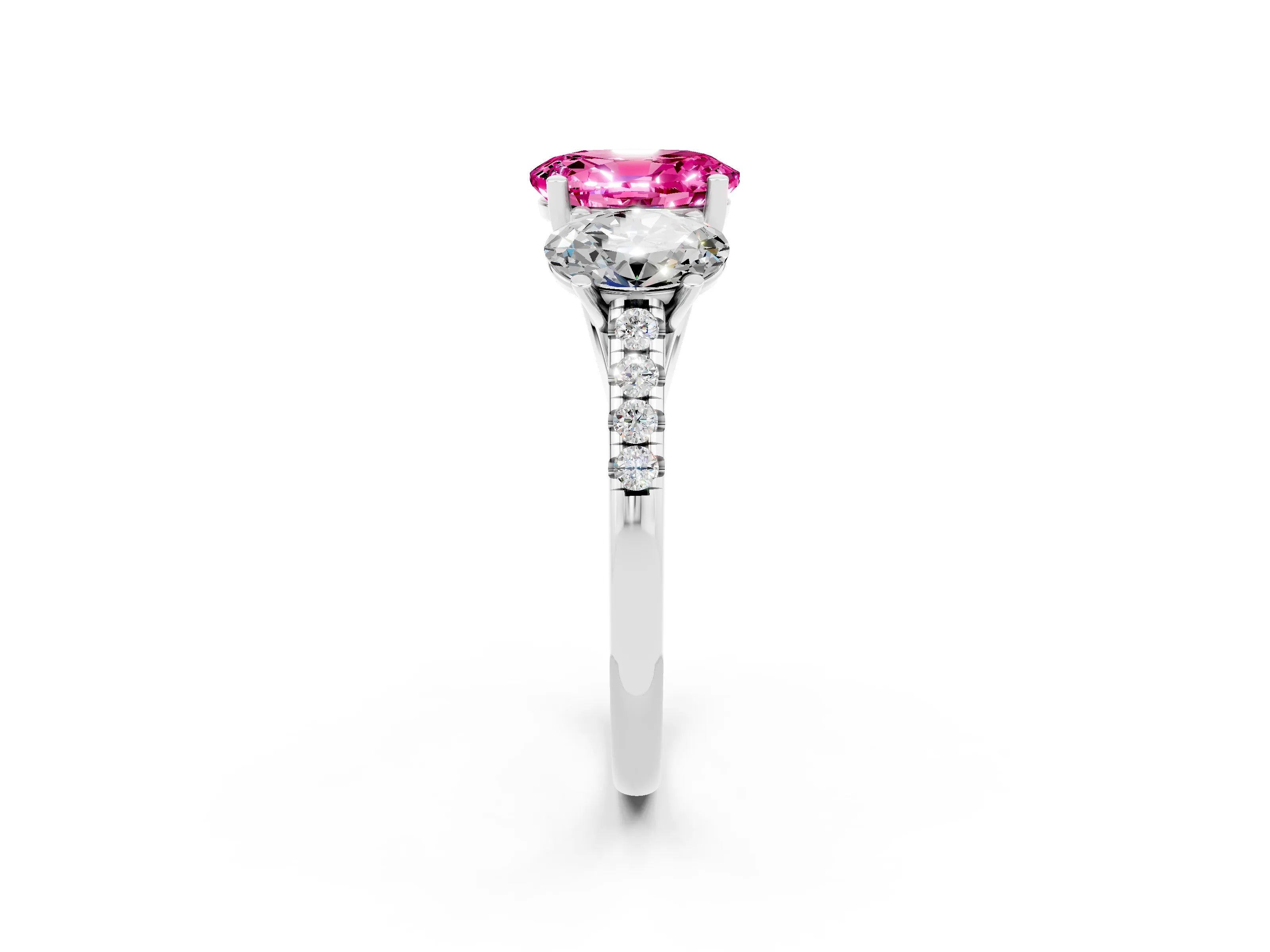 White gold Three-Stone Oval Cut Pink Sapphire Ring with Pavé Band and Prong Setting_38