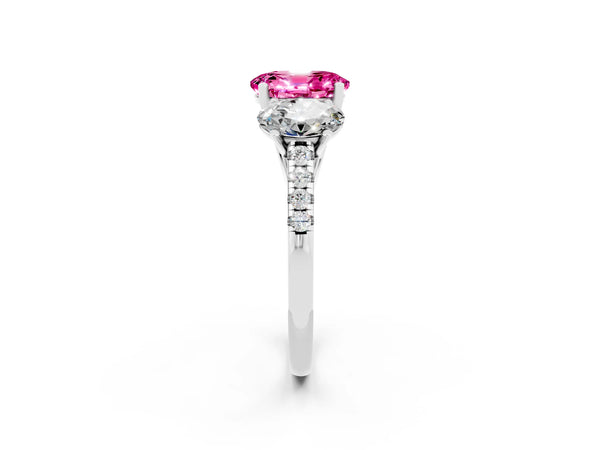 White gold Three-Stone Oval Cut Pink Sapphire Ring with Round  Pavé Band and Prong Setting