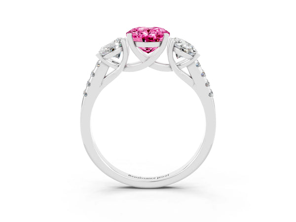 Silver Three-Stone Oval Cut Pink Sapphire Ring with Round  Pavé Band and Prong Setting