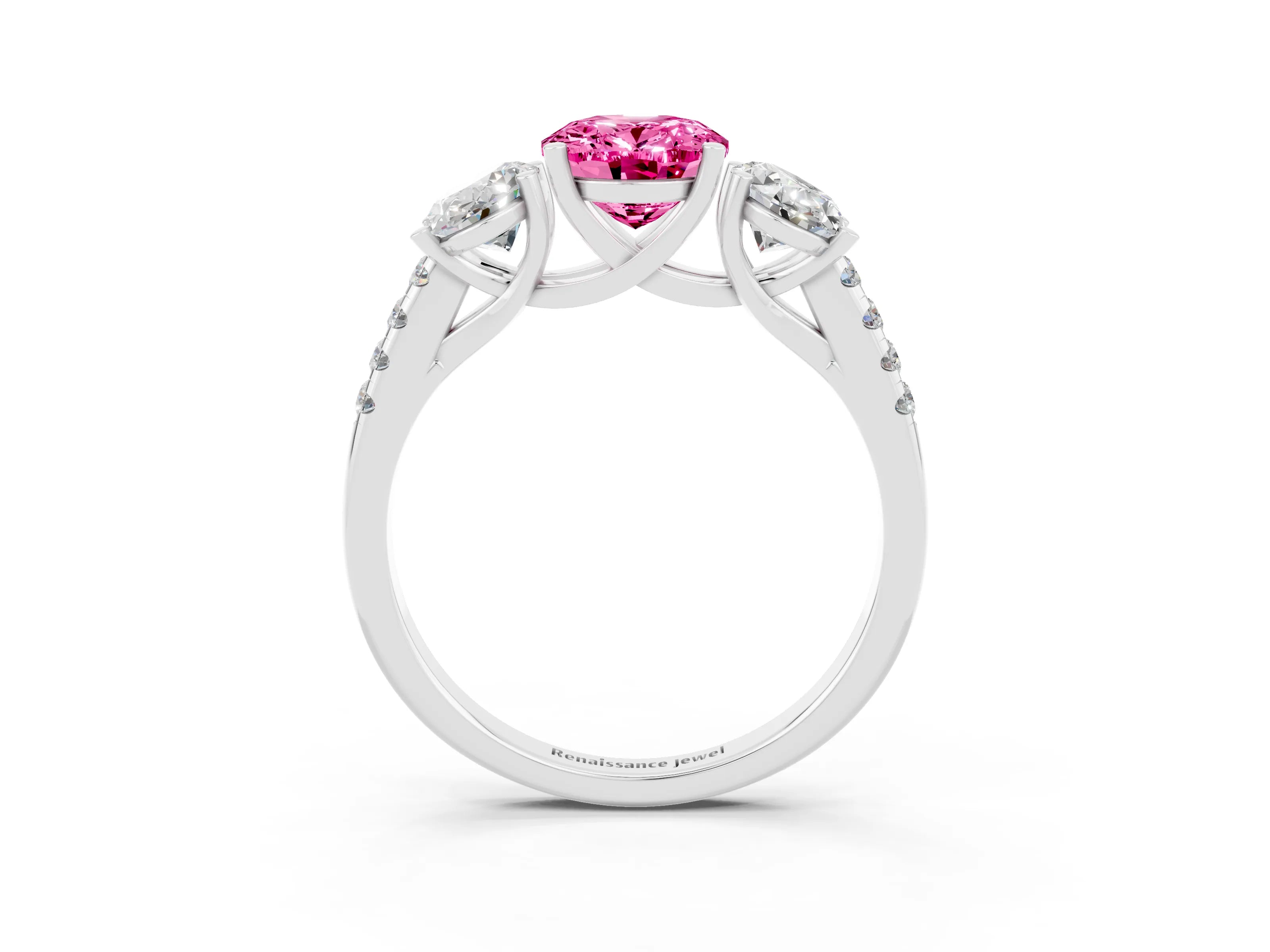 White gold Three-Stone Oval Cut Pink Sapphire Ring with Pavé Band and Prong Setting_39