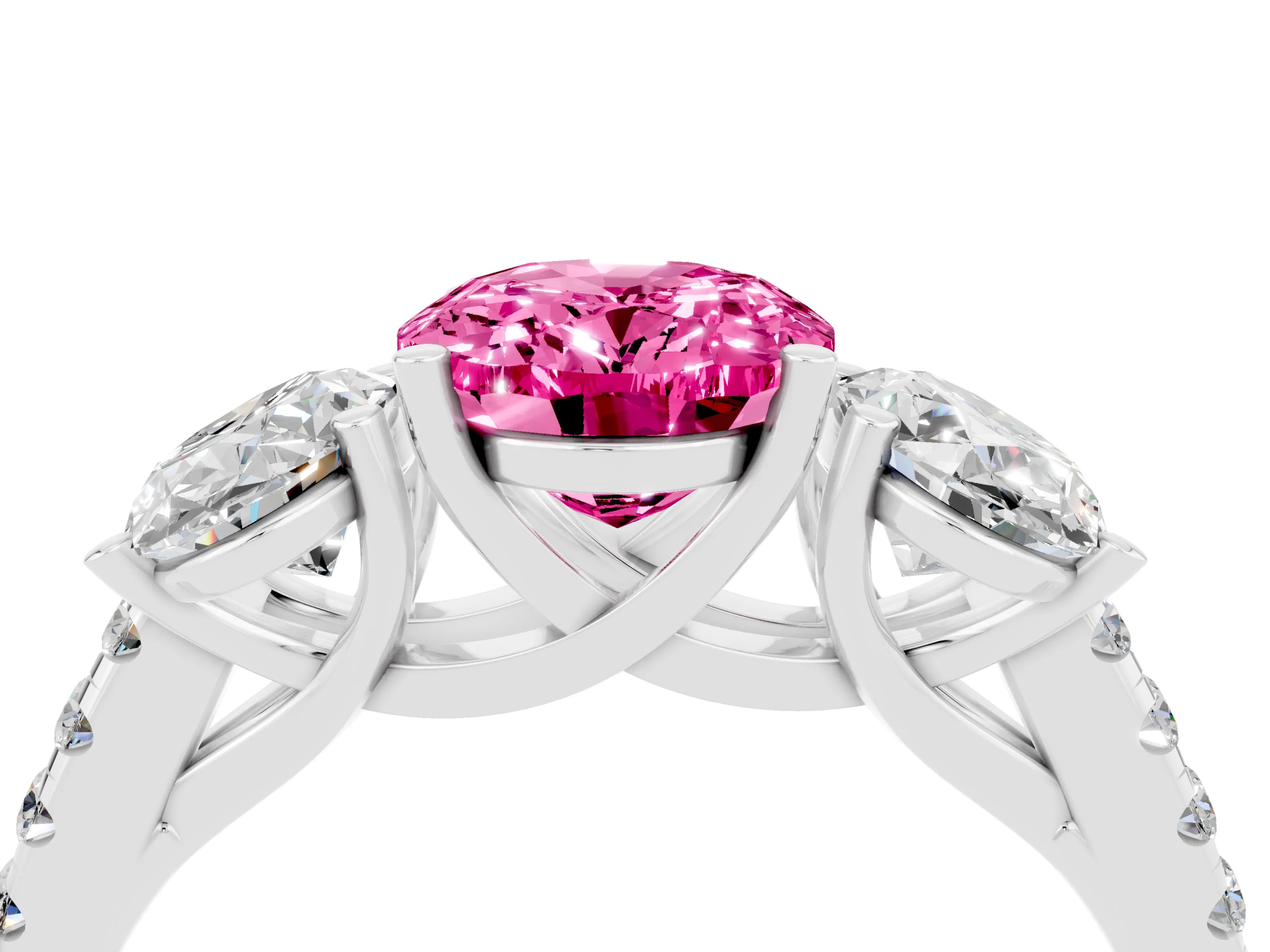 White gold Three-Stone Oval Cut Pink Sapphire Ring with Pavé Band and Prong Setting_40