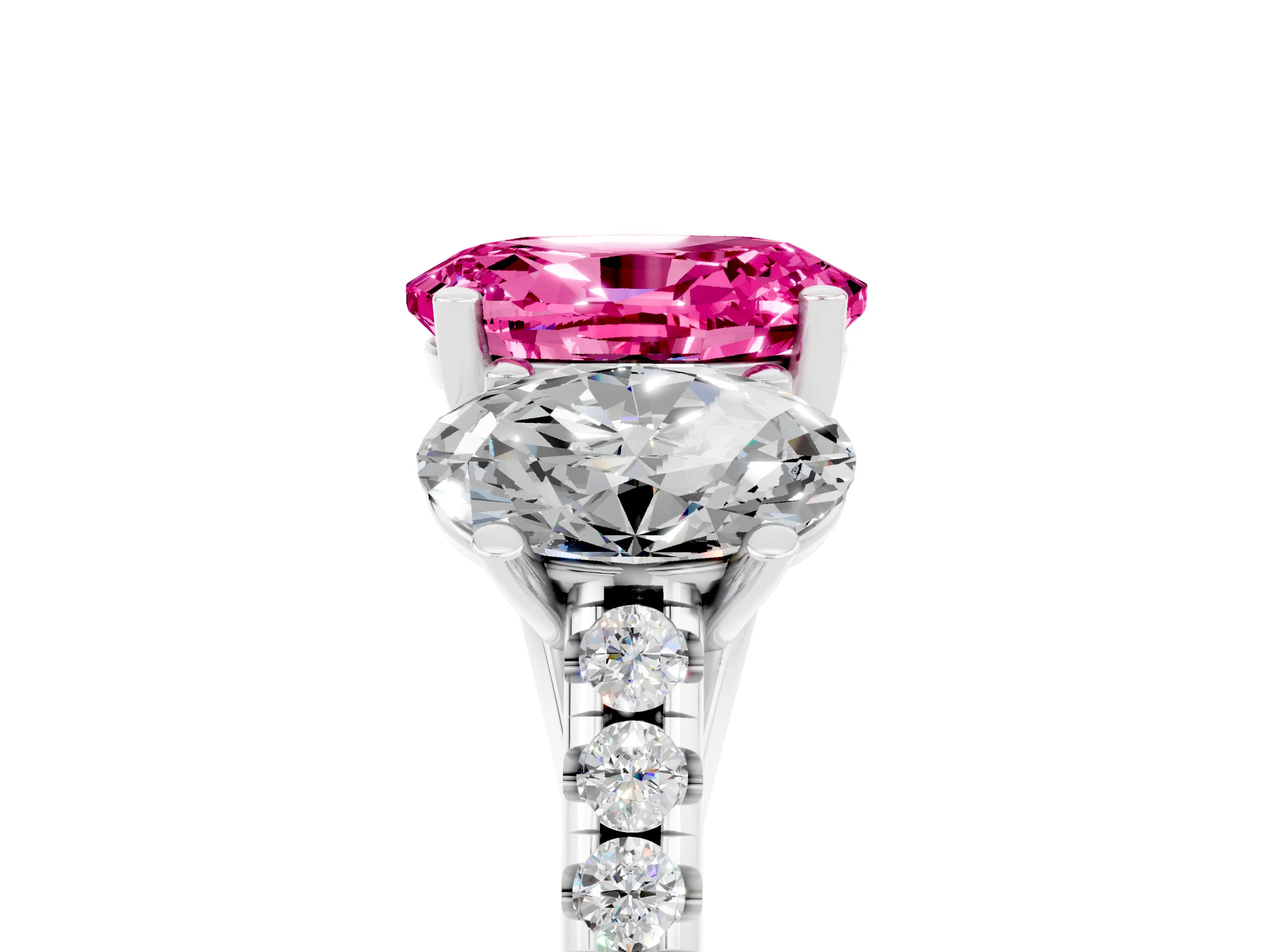 White gold Three-Stone Oval Cut Pink Sapphire Ring with Pavé Band and Prong Setting_41