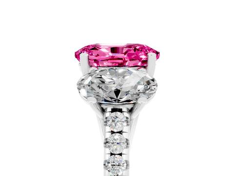White gold Three-Stone Oval Cut Pink Sapphire Ring with Pavé Band and Prong Setting_41