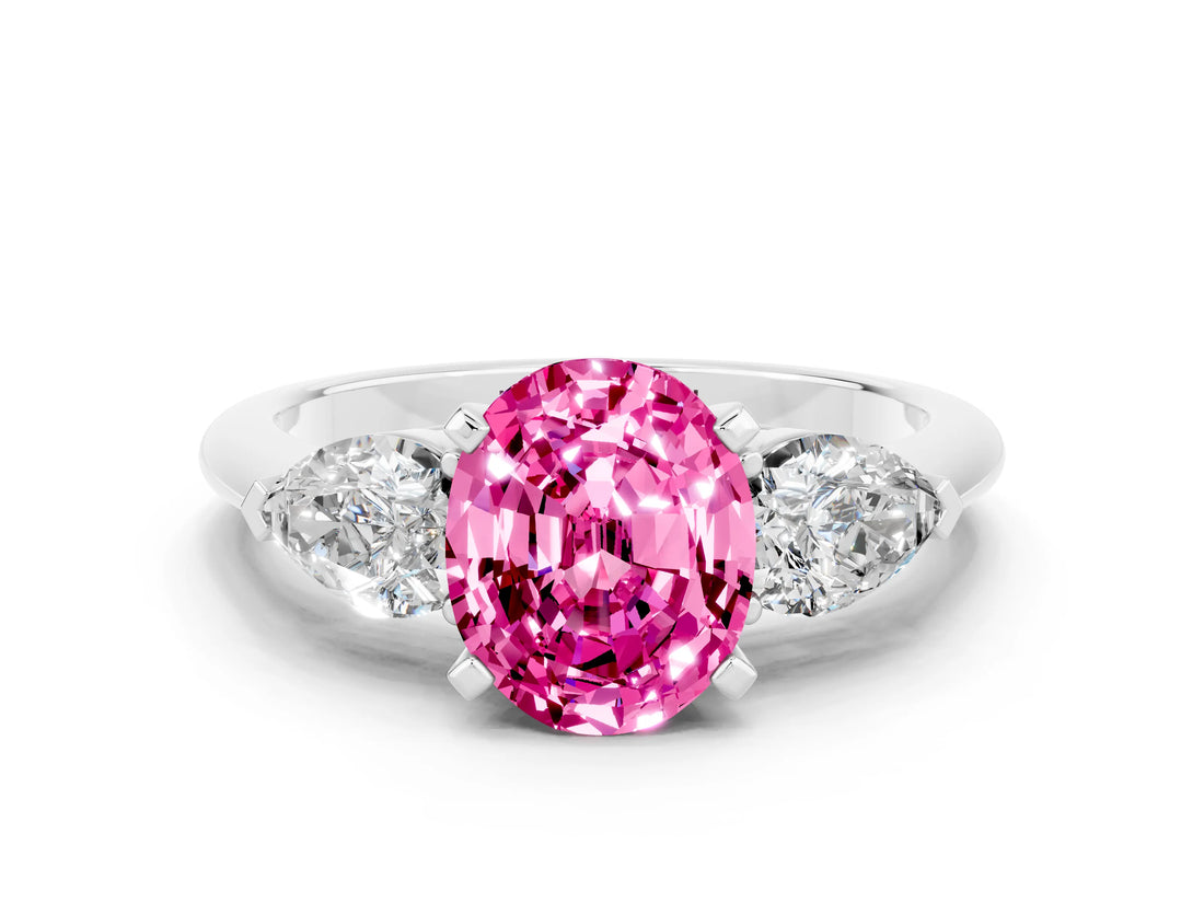 White gold Three-Stone Oval Cut Pink Sapphire Ring with Pear Side Stones and Four-Prong Setting_24