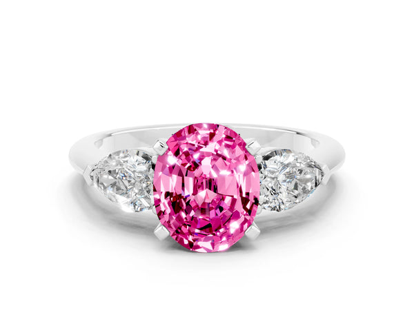 White gold Three-Stone Oval Cut Pink Sapphire Ring with Pear Side Stones and Four-Prong Setting