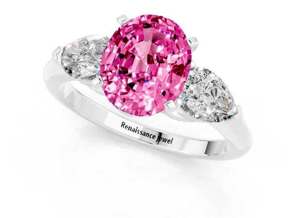 White gold Three-Stone Oval Cut Pink Sapphire Ring with Pear Side Stones and Four-Prong Setting
