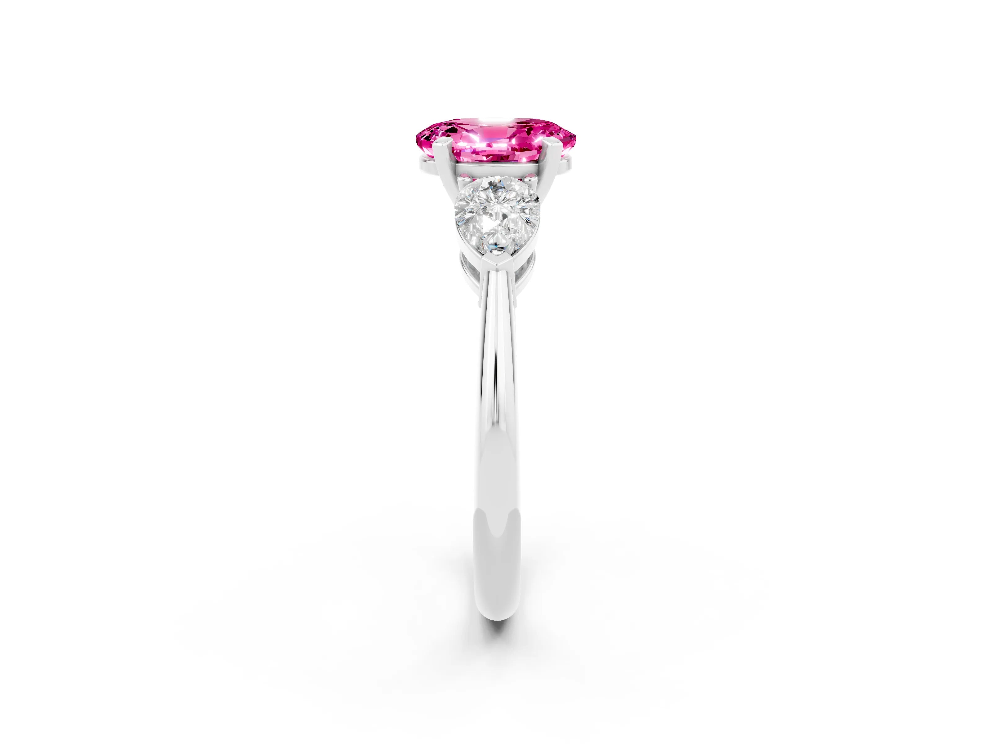 White gold Three-Stone Oval Cut Pink Sapphire Ring with Pear Side Stones and Four-Prong Setting_26