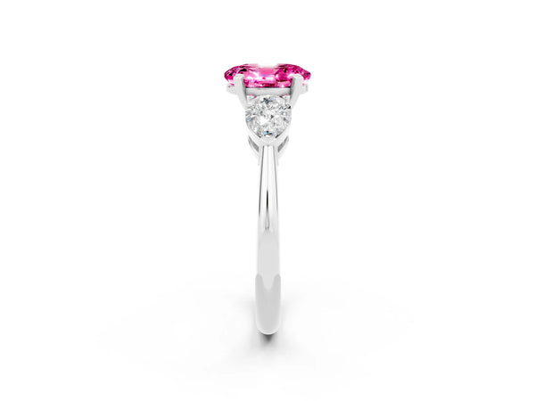 Silver Three-Stone Oval Cut Pink Sapphire Ring with Pear Side Stones and Four-Prong Setting