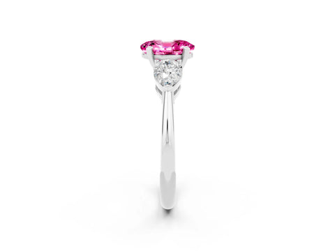 White gold Three-Stone Oval Cut Pink Sapphire Ring with Pear Side Stones and Four-Prong Setting_26
