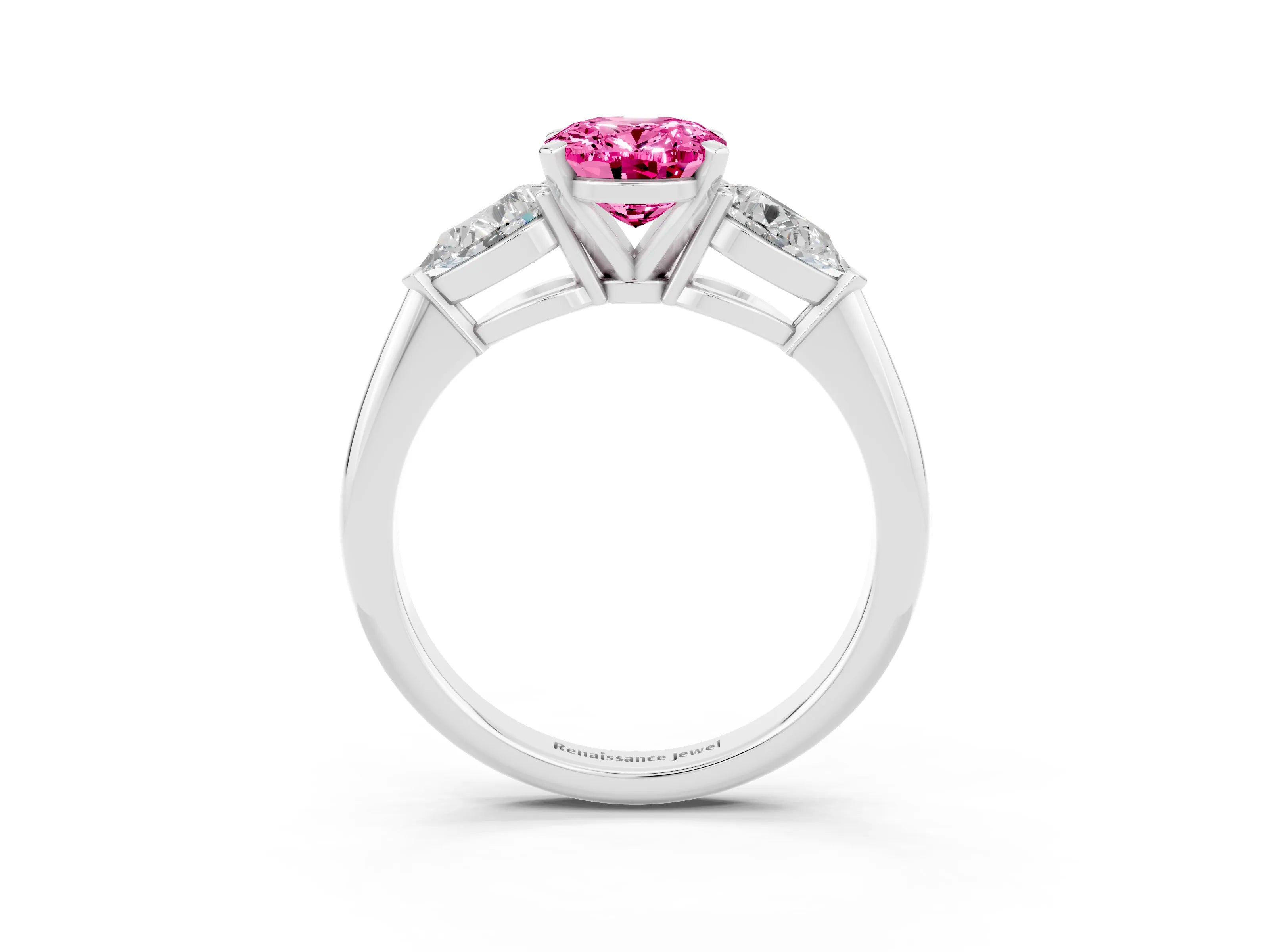 White gold Three-Stone Oval Cut Pink Sapphire Ring with Pear Side Stones and Four-Prong Setting_27