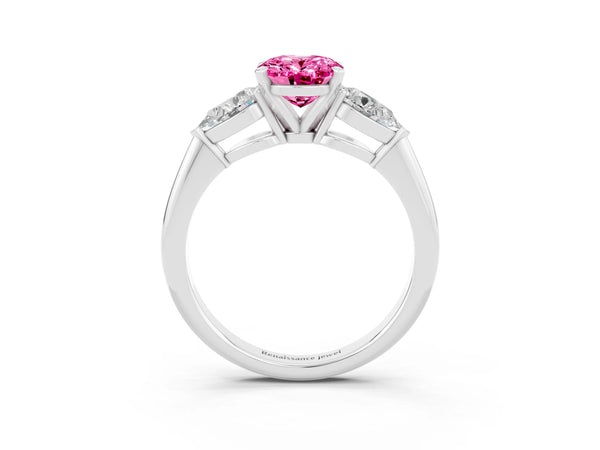 White gold Three-Stone Oval Cut Pink Sapphire Ring with Pear Side Stones and Four-Prong Setting