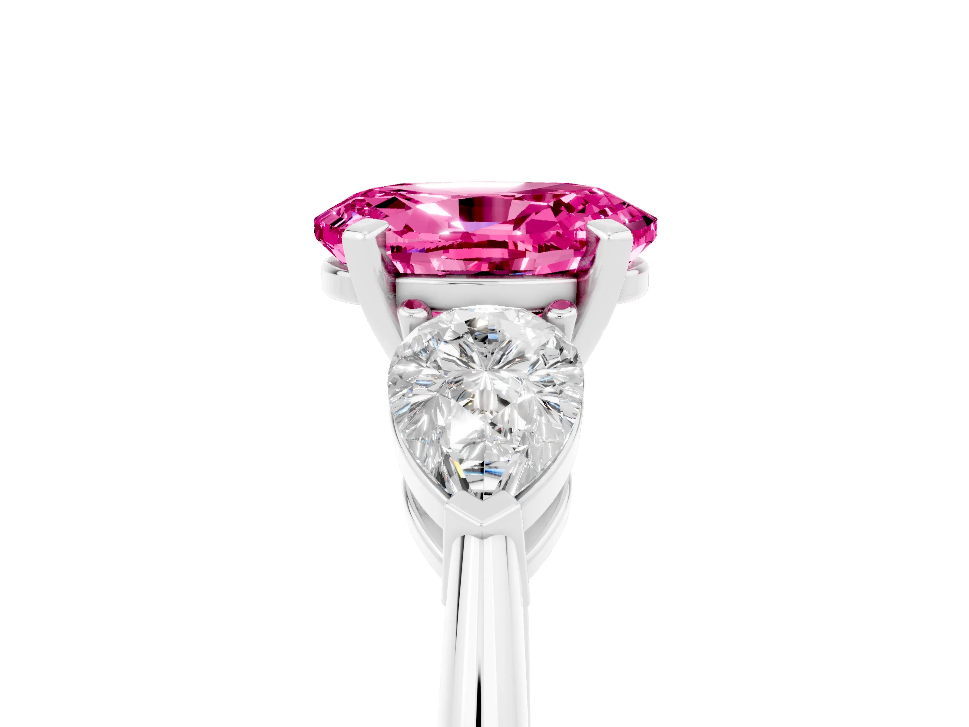 White gold Three-Stone Oval Cut Pink Sapphire Ring with Pear Side Stones and Four-Prong Setting_29