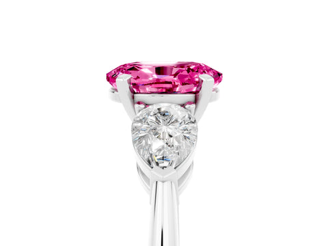 White gold Three-Stone Oval Cut Pink Sapphire Ring with Pear Side Stones and Four-Prong Setting_29