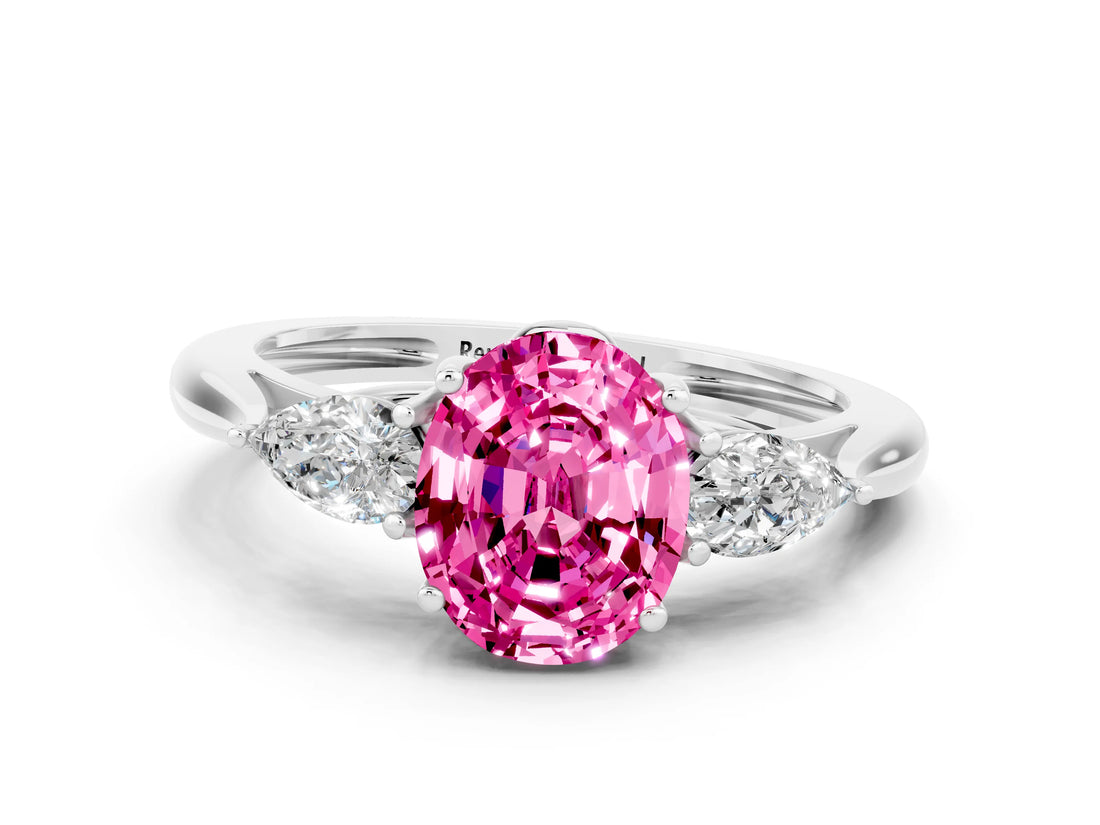 White gold Three-Stone Oval Cut Pink Sapphire Ring with Pear  Side Stones in Four-Prong Setting_12
