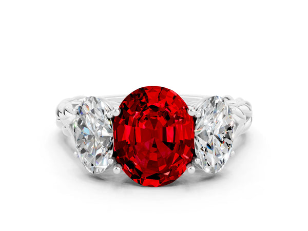 Silver Three-Stone Oval Cut Ruby Braided Band Ring with Four-Prong Setting